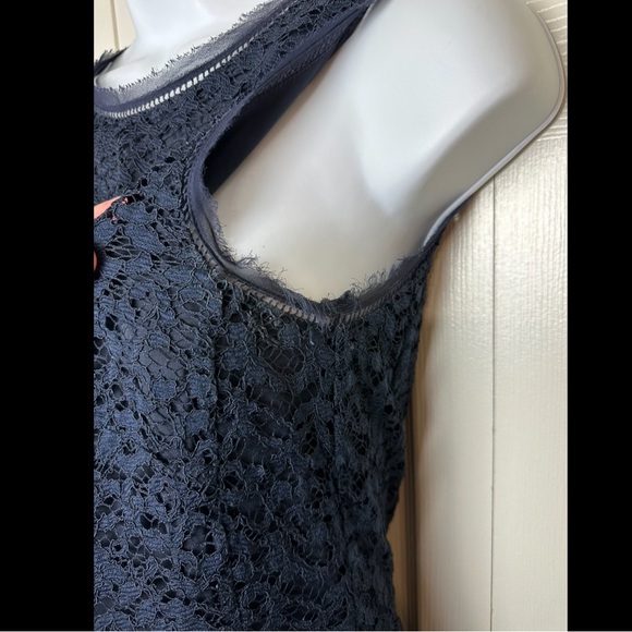 REBECCA TAYLOR $425 Navy Blue Lace Dress Black Pleated Skirt Silk Mix Contrast - Picture 8 of 15